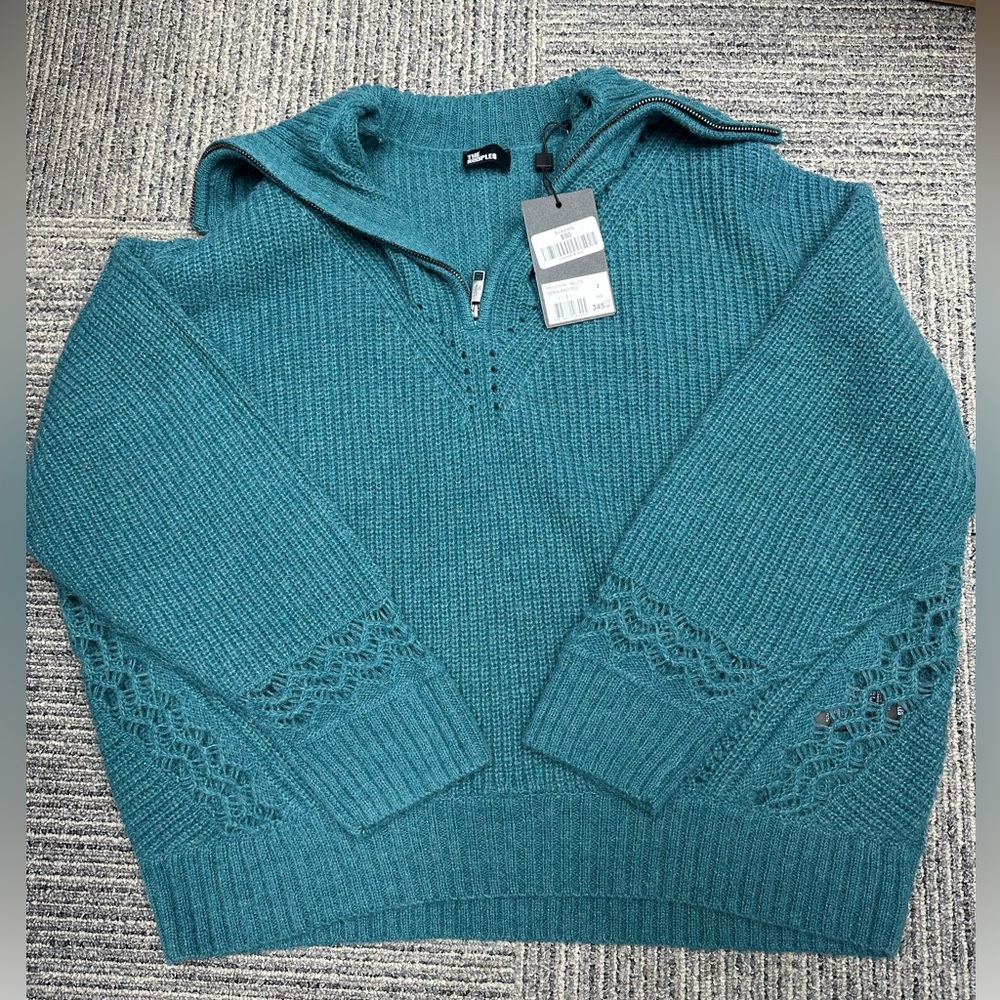 Teal Knit Sweater with Lace Sleeve Detail - The Kooples